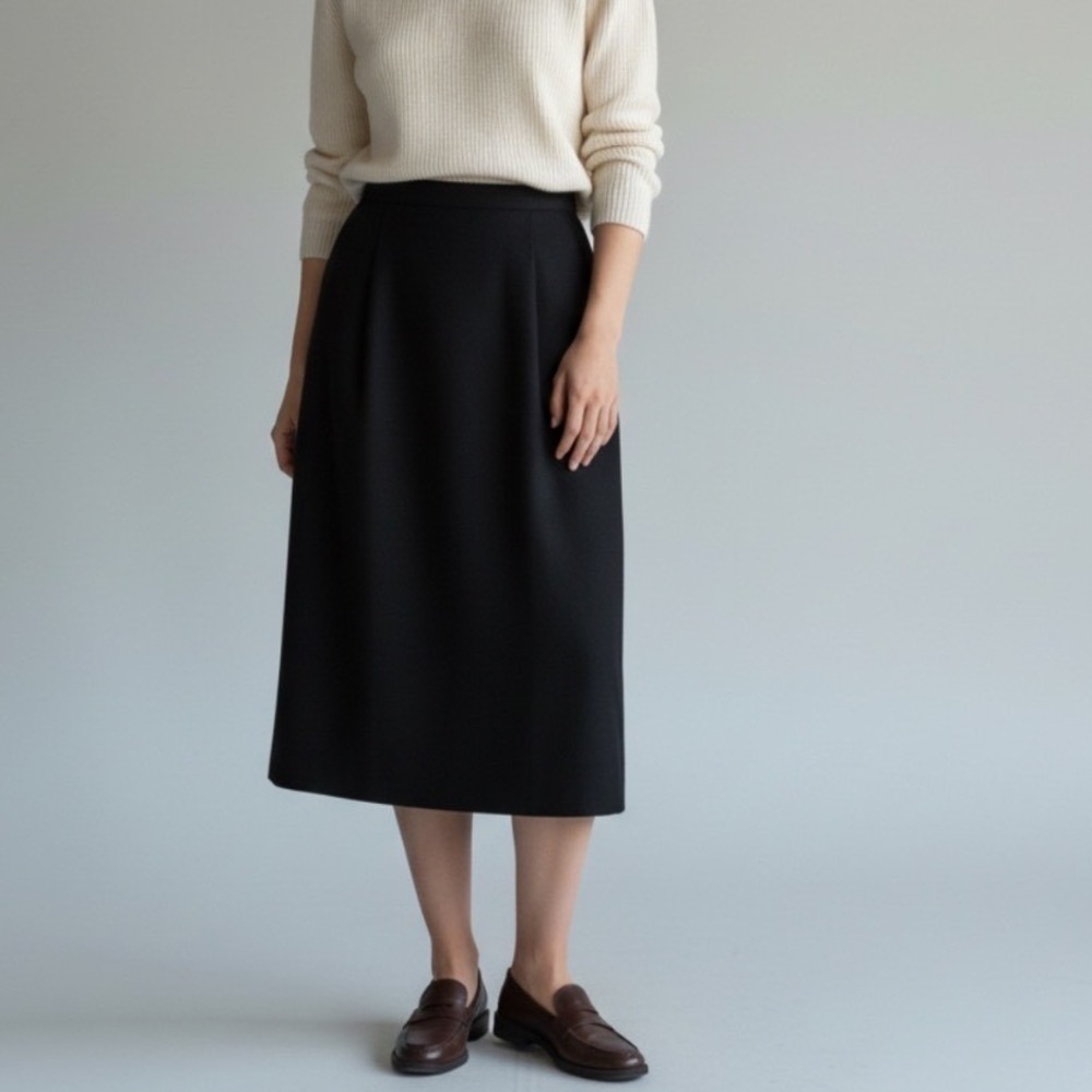 Vintage Ralph Lauren Black Wool Midi Skirt High Waist Back Slit Chic Size 12